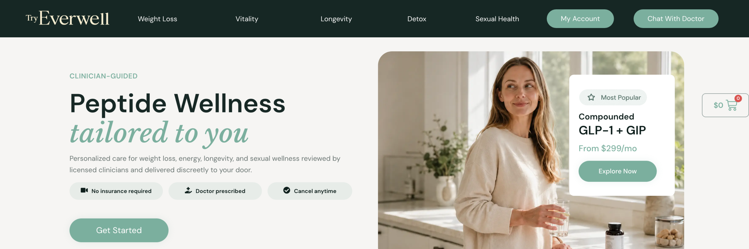 Everwell home page showing its clinician-guided peptide wellness programme