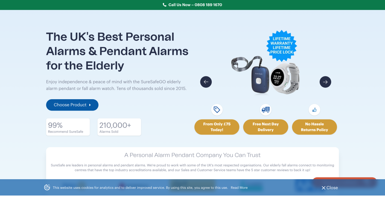 SureSafe home page showing personal alarm and pendant alarm products