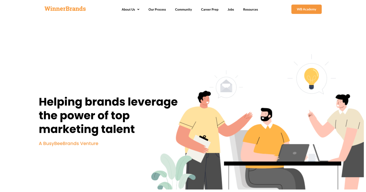 WinnerBrands home page illustration of a marketing talent conversation